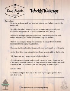 A rustic-themed “Weekly Wakeups” guide by Camp Augusta describes a fun morning wakeup routine for campers, including singing, making bread dough, massaging feet, acting out roles, and pulling campers out of bed, with a decorative logo on top.