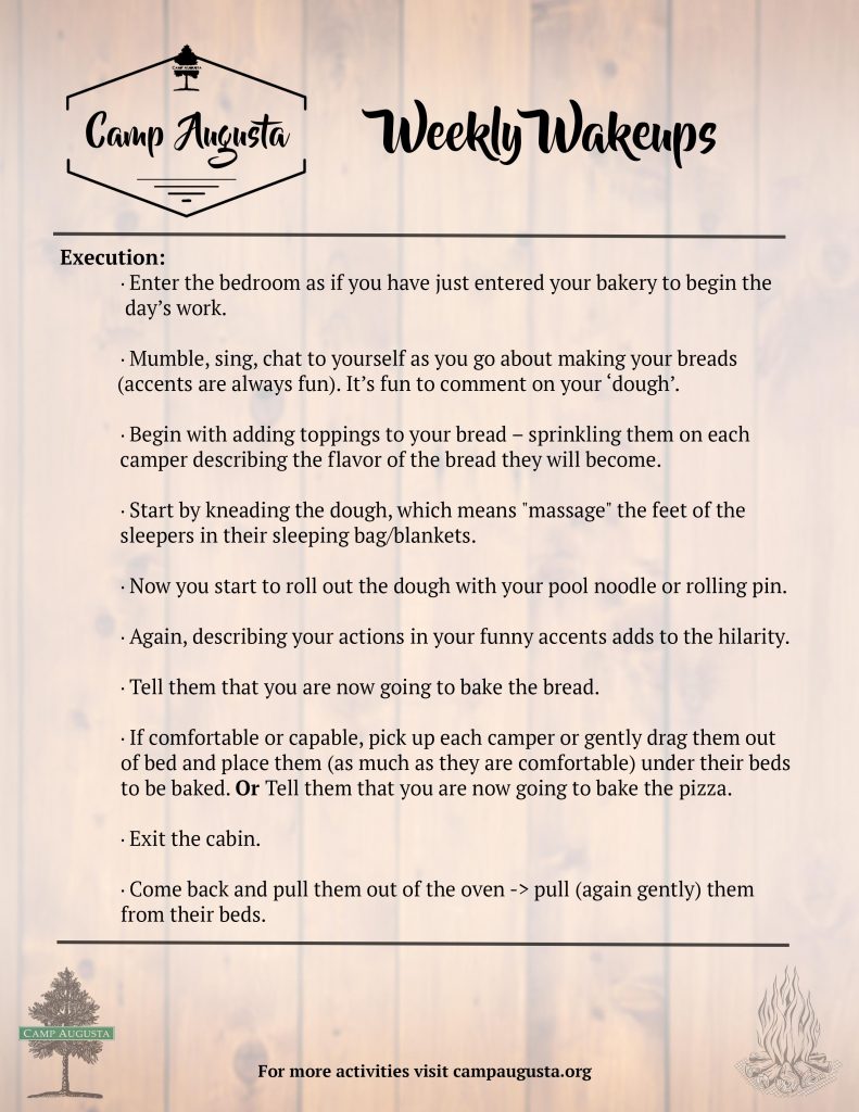A rustic-themed “Weekly Wakeups” guide by Camp Augusta describes a fun morning wakeup routine for campers, including singing, making bread dough, massaging feet, acting out roles, and pulling campers out of bed, with a decorative logo on top.