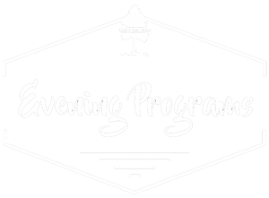 A hexagon-shaped logo with a pine tree at the top and the words Evening Programs written in large, cursive lettering in the center.