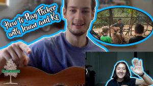 A young man plays guitar, with text reading How to Play Flicker with Lenan and KC. An inset shows him teaching kids guitar outdoors. A tree logo says Camp Augusta. A woman waves from a video call.