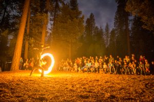 A performer spins a ring of fire outdoors at night, illuminating a large crowd seated on benches among tall trees in a forest setting.