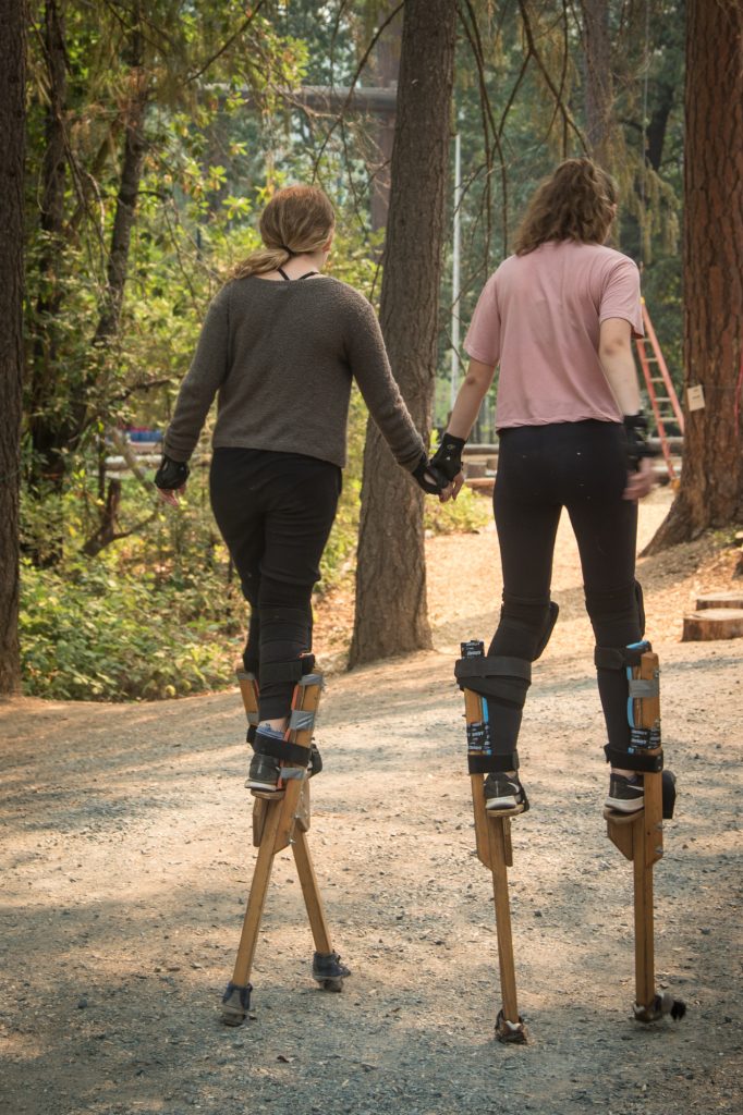 Two people wearing casual clothes walk hand-in-hand on a forest path while balancing on wooden stilts—a fun example of family camp activities—surrounded by tall trees and lush greenery.