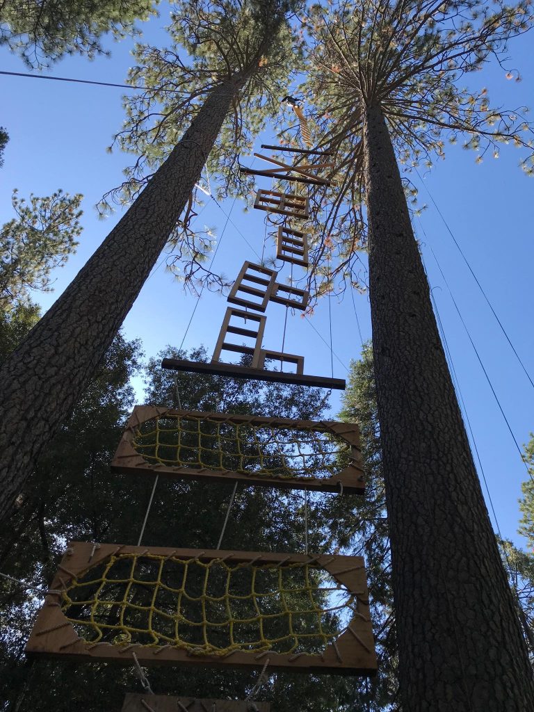 A tall outdoor ropes course is suspended between two pine trees, featuring wooden ladders, planks, and netting elements against a clear blue sky—perfect for climbing challenges and family camp activities.