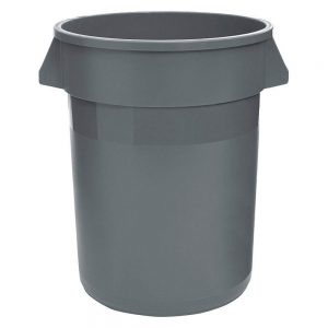 A large, gray, round plastic garbage can with no lid, featuring two side handles near the top rim.