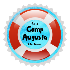 A red and white lifebuoy with a blue center that reads, Be a Camp Augusta Life Saver! in playful black font invites you to become a Camp Augusta donor. The lifebuoy rests on a light gray, jagged-edged background.