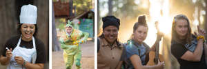 Four images side by side: a smiling chef holding a spoon, a person in a green dragon costume, and three people outdoors—two posing and one holding a guitar—against a backdrop of sunlit trees.