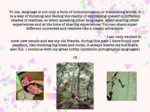 A collage with a text about language and adventure, surrounded by confetti shapes. Below are three photos: two people smiling, a person climbing a rock, and an artistic page with symbolic writing.