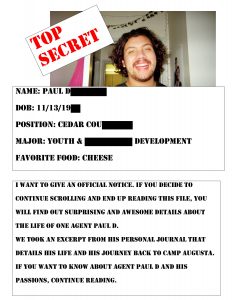 A Top Secret file with a smiling man’s photo. Personal details such as name, birthdate, position, major, and favorite food are listed, some information is redacted. A note warns about reading further for more personal details.