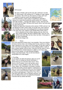 A collage with text and photos showing a girl with horses, a map of Denmark, a girl driving a red car, grooming a horse, and with family. The text introduces Natalie, sharing her love for horses and travel.