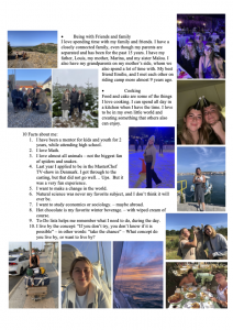 A collage featuring various photos of a young woman with family and friends in outdoor and indoor settings, accompanied by personal facts about her interests, values, cooking, and important people in her life.