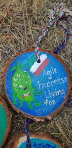 A painted wood slice shows a green creature with many eyes, a red, white, and green flag, and the text “Agile Expresso Living for 100%” on a blue background. The slice hangs by a braided string over dry grass.