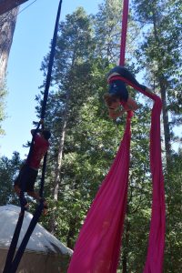 Two people perform aerial silks in a forest; one climbs black silks while the other hangs upside down, wrapped in pink silks, with tall trees and a yurt visible in the background.