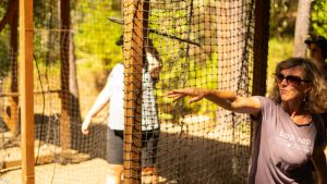 A woman wearing sunglasses and a gray shirt throws an axe at a wooden target in an outdoor axe-throwing area, with a net and other people in the background. Sunlight filters through trees.