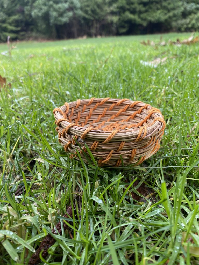 A small, round, handwoven basket made of natural materials sits on green grass—perfect for gathering treasures during family camp activities—with a blurred background of trees and foliage.