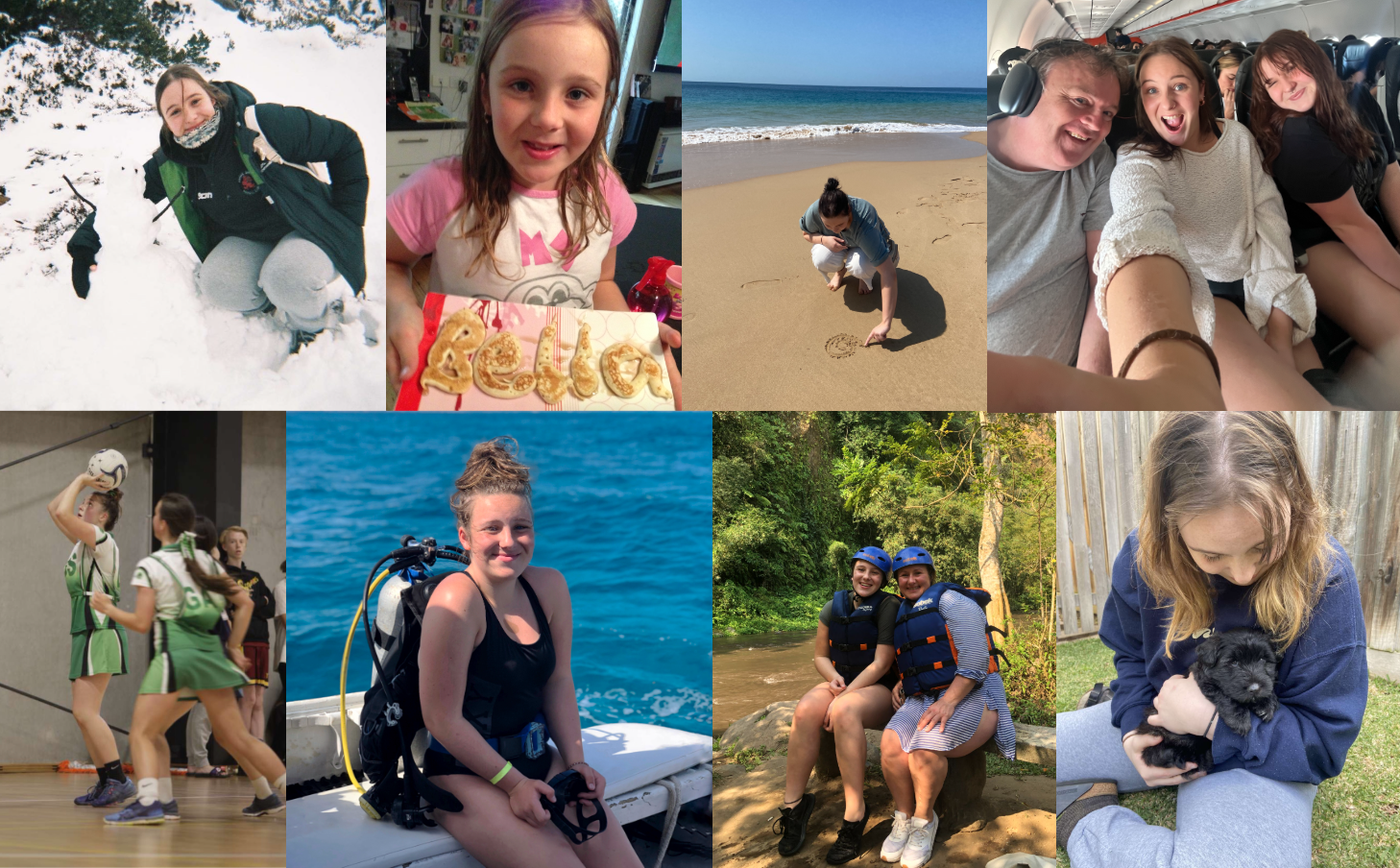 A collage of eight photos showing a girl in different settings: playing in snow, celebrating a birthday, drawing in sand, laughing in a car, playing netball, preparing to scuba dive, wearing life jackets outdoors, and holding a black puppy.