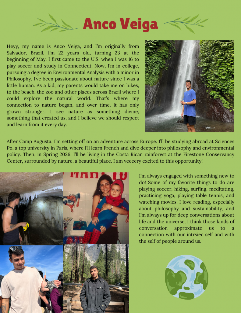 A collage of images and text introduces Anco Veiga from Brazil. Photos include Anco with family and friends, nature scenes, and a pet, set against a green leafy background with personal and travel experiences described.