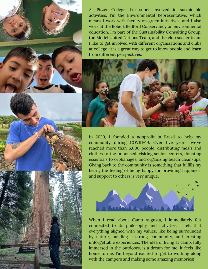 A collage with kids making silly faces, a man in a mask teaching children outdoors, a man holding a snake for kids, and text about sustainability activities, nonprofit work, and a camp experience.