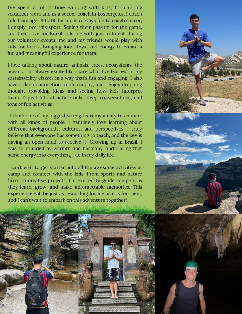A collage with text and four photos: a man doing a high kick on a hill, sitting by ancient ruins, standing by a waterfall, and exploring a cave, reflecting on his passion for volunteering and adventure.