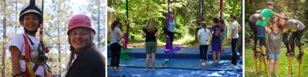 Three photos show kids at an outdoor camp: one child in climbing gear with an adult, another group watching aerial silks, and several children balancing outside, some on stilts, smiling and having fun.