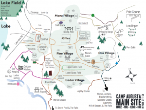 Map of Camp Augusta showing villages, cabins, and activities like archery, zipline, climbing wall, and horse stables. Features lake, trails, amphitheater, and labeled paths throughout the camp.