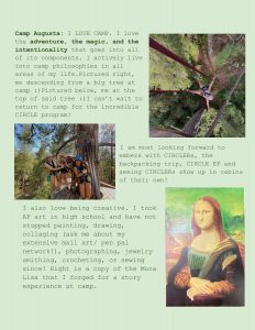 A collage of images and text on a green background. Photos show a person climbing a tree, holding climbing ropes, and the Mona Lisa painting. Text describes their love of camp, adventure, creativity, and favorite activities.