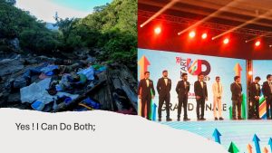 A split image shows people camping outdoors on the left and a group of men in suits standing on a brightly lit stage on the right, with the text “Yes! I Can Do Both;” at the bottom.