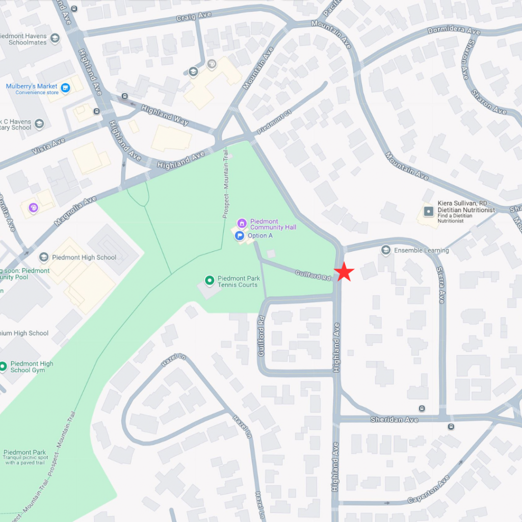 A map showing streets near Piedmont High School and Piedmont Park in Piedmont, CA. A red star marks a location on St. James Drive near Sheridan Ave, close to Piedmont Park Tennis Courts.