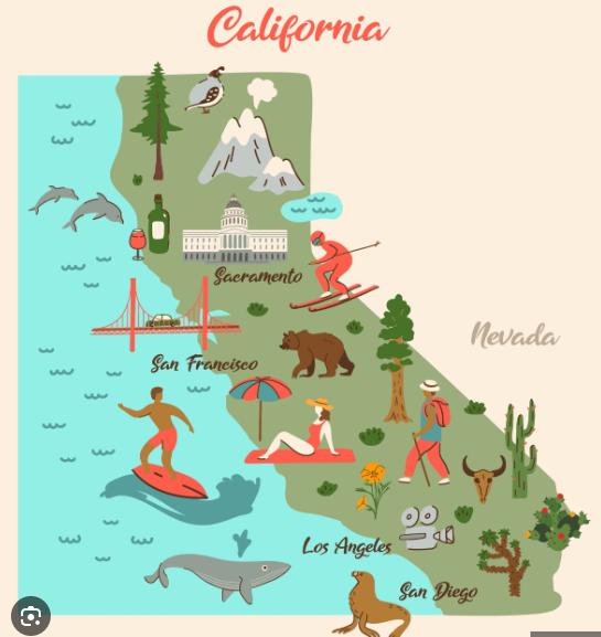 a cartoon map of california with icons highlighting the state features.